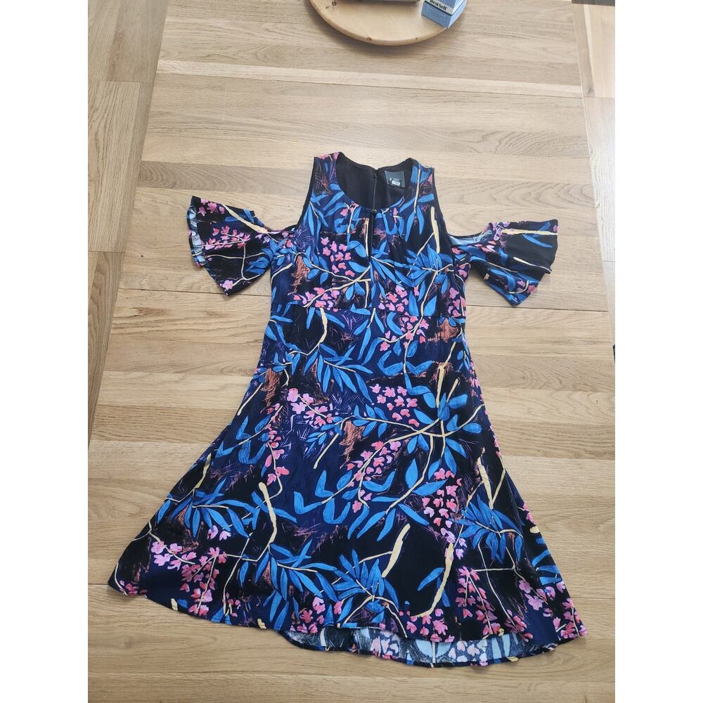 Maeve Anthropologie‎ Elia Open Shoulder Dress Black Blue Floral Midi Cruise 6p